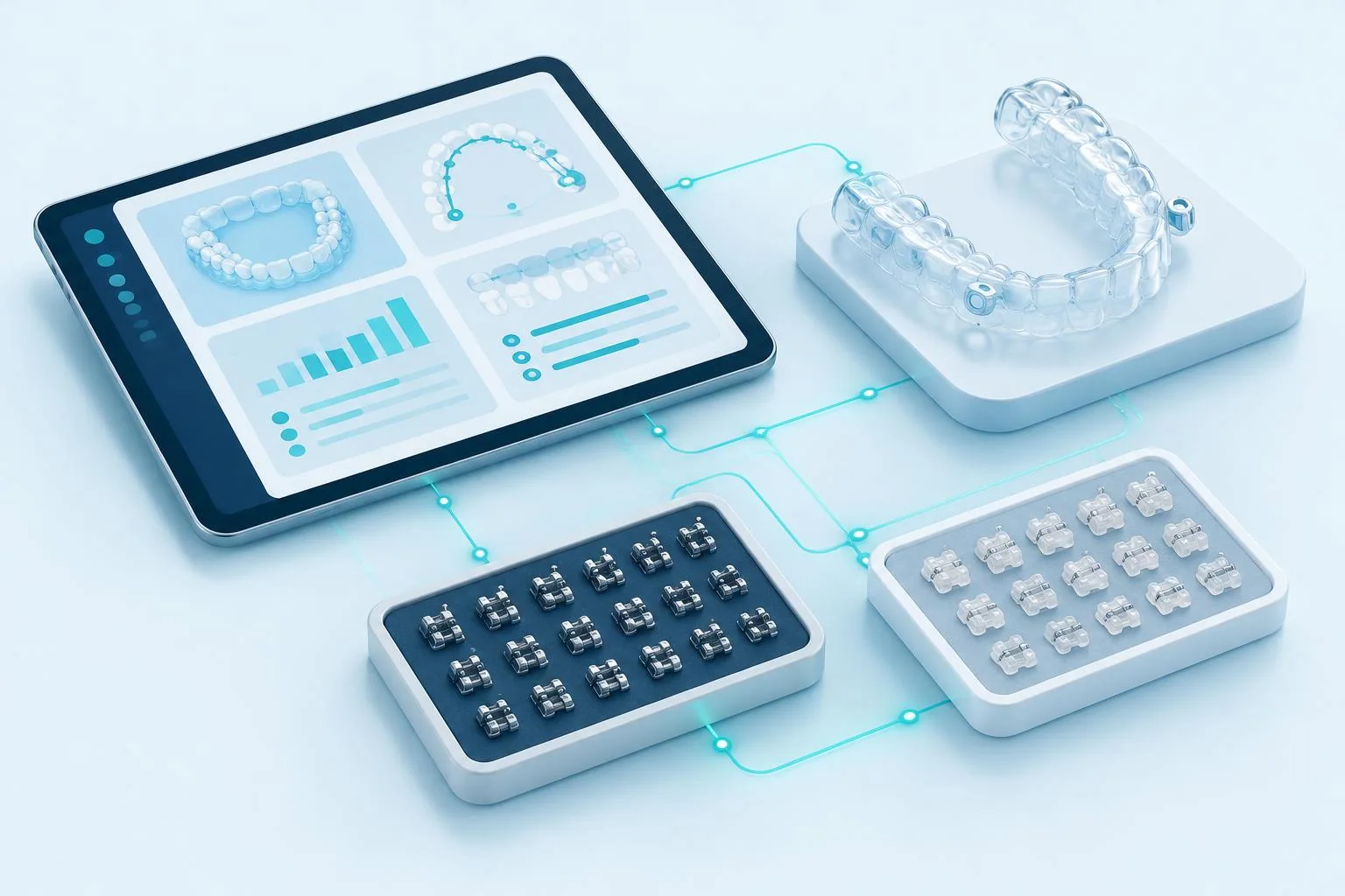 Tablet üzerinde dijital klinik paneli, transfer plağı ve braket setleri temsili görseli